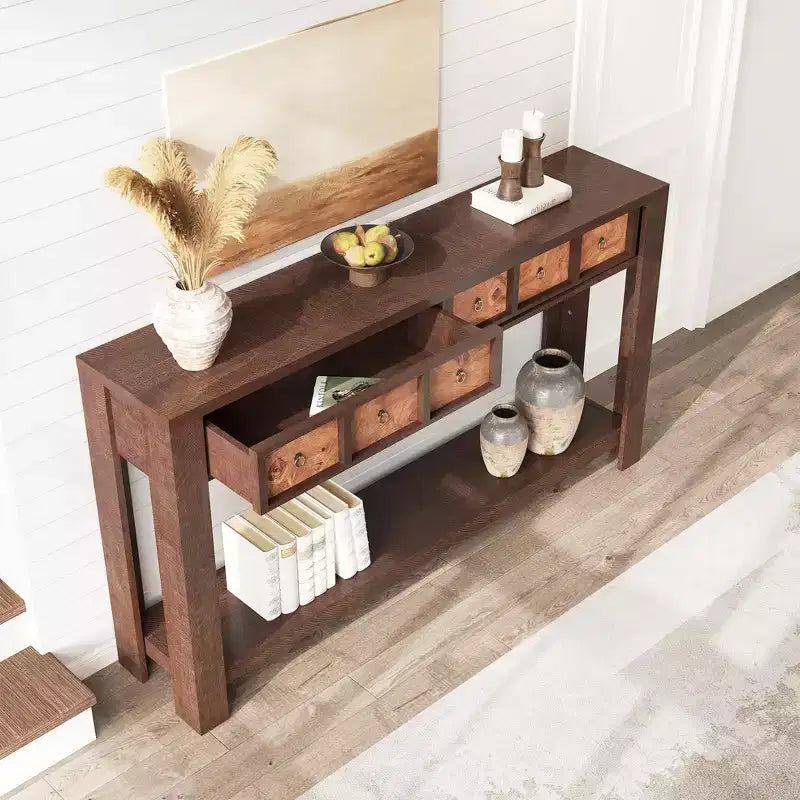 Tavolo Consolle da Fattoria 59'' (150 cm), Tavolo da Ingresso in Legno con 2 Cassetti e Ripiano Portaoggetti Aperto su 2 Livelli, Robuste Gambe a L, MDF Antigraffio