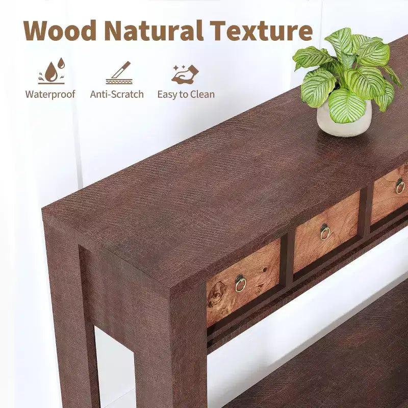 Tavolo Consolle da Fattoria 59'' (150 cm), Tavolo da Ingresso in Legno con 2 Cassetti e Ripiano Portaoggetti Aperto su 2 Livelli, Robuste Gambe a L, MDF Antigraffio