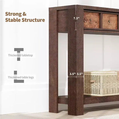 Tavolo Consolle da Fattoria 59'' (150 cm), Tavolo da Ingresso in Legno con 2 Cassetti e Ripiano Portaoggetti Aperto su 2 Livelli, Robuste Gambe a L, MDF Antigraffio