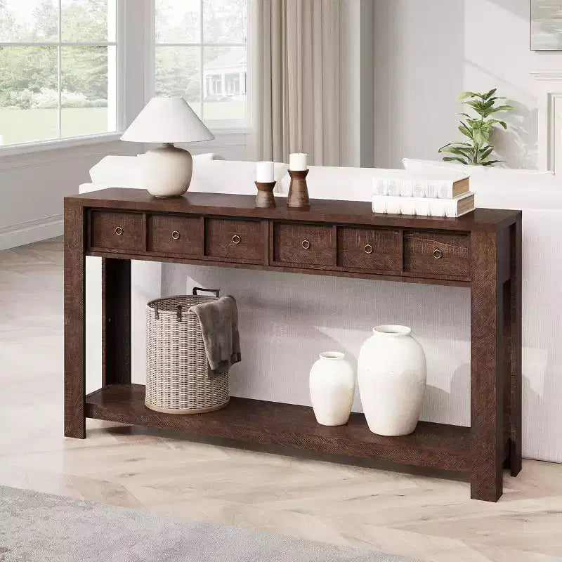 Tavolo Consolle da Fattoria 59'' (150 cm), Tavolo da Ingresso in Legno con 2 Cassetti e Ripiano Portaoggetti Aperto su 2 Livelli, Robuste Gambe a L, MDF Antigraffio