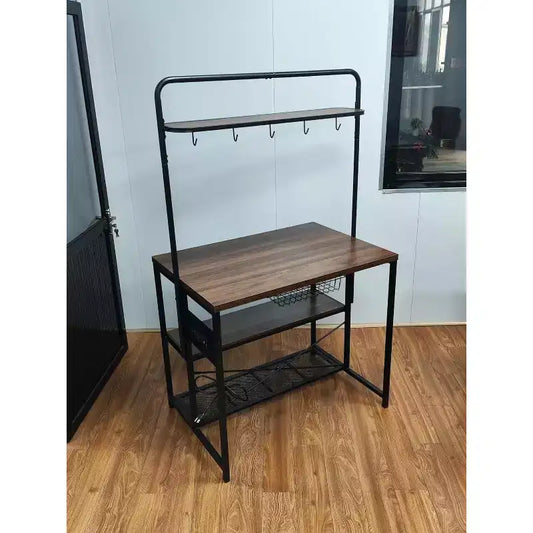 Kitchen Island with 2 Bar Stools, Industrial Bakers Rack with 3-Tier Shelves & 5 Hooks, Microwave Stand Coffee Bar Table for Home