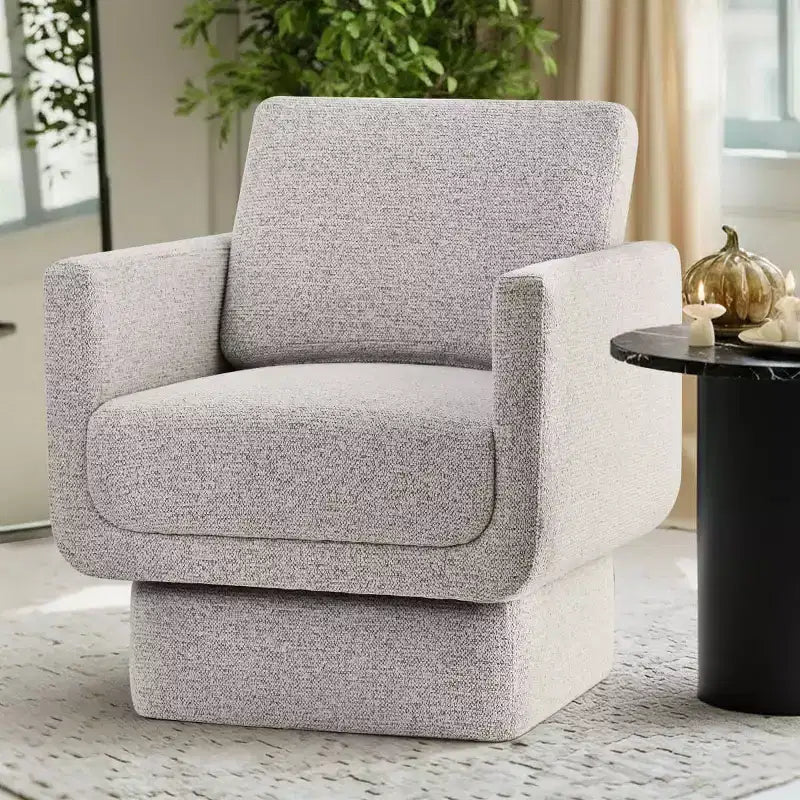 Poltrona Moderna in Ciniglia Beige Girevole, Larghezza 68,5 cm con Braccioli e Cuscino Seduta Spessore 16,5 cm