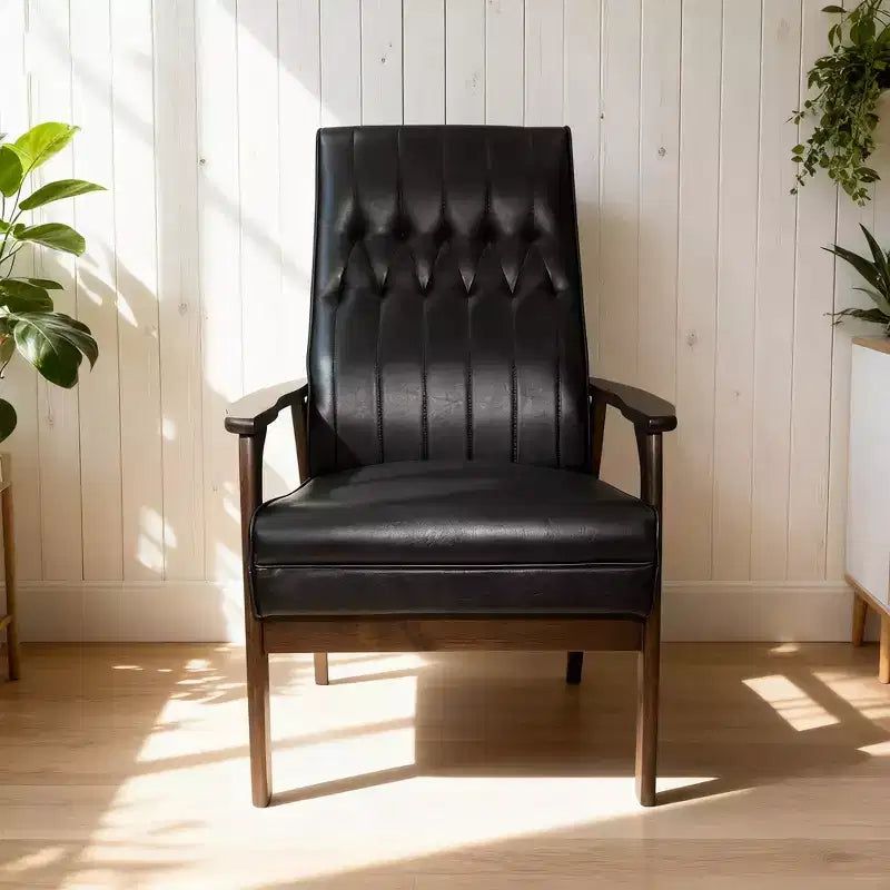 Poltrona d'accento imbottita Mid-Century Modern, similpelle nera opaca