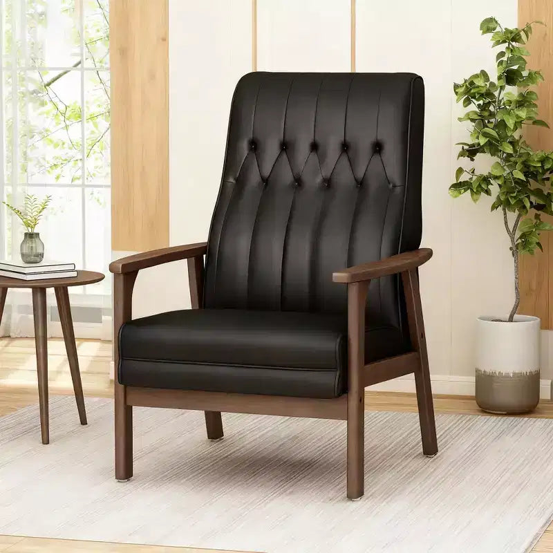 Poltrona d'accento imbottita Mid-Century Modern, similpelle nera opaca