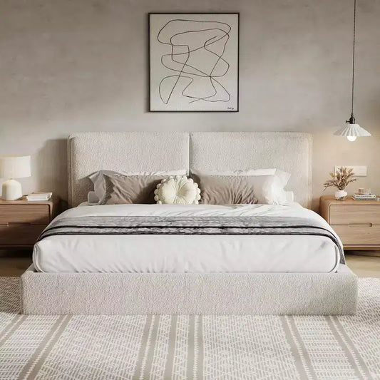 King Size Upholstered Bed Frame, Double-Pillow Platform Bed with Skin-Friendly Textured Fabric, Beige+Cream - ModernLuxe