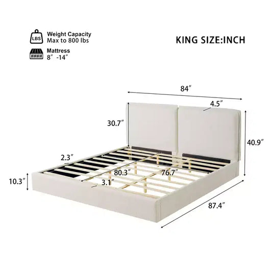 Struttura letto imbottita King Size, letto a piattaforma a doppia imbottitura con tessuto testurizzato, beige e crema