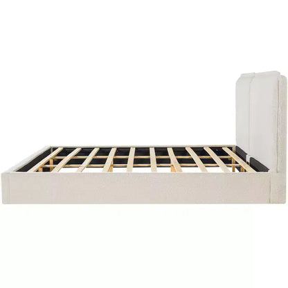 Struttura letto imbottita King Size, letto a piattaforma a doppia imbottitura con tessuto testurizzato, beige e crema