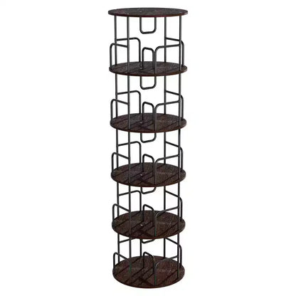 VIYET 62 5-Tier 360 Rotating Bookshelf Tower, Walnut Brown MDF+Iron Narrow Tall Spinning Bookcase (Space-Saving Storage Organizer)