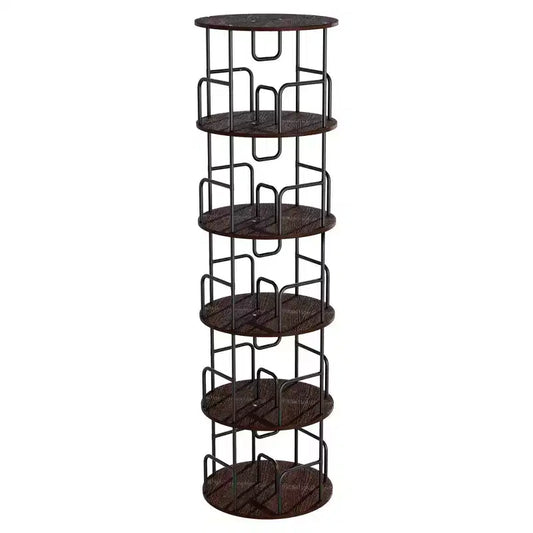 VIYET 62 5-Tier 360 Rotating Bookshelf Tower, Walnut Brown MDF+Iron Narrow Tall Spinning Bookcase (Space-Saving Storage Organizer)