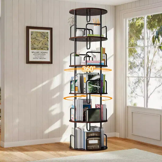 Libreria a torre rotante a 360° a 5 ripiani da 62", in MDF marrone noce e ferro, libreria girevole stretta