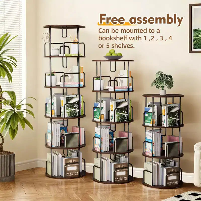 Libreria a torre rotante a 360° a 5 ripiani da 62", in MDF marrone noce e ferro, libreria girevole stretta