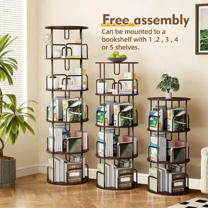 Libreria a torre rotante a 360° a 5 ripiani da 62", in MDF marrone noce e ferro, libreria girevole stretta