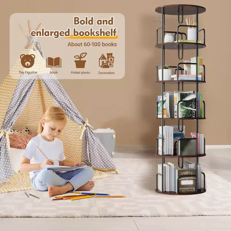 Libreria a torre rotante a 360° a 5 ripiani da 62", in MDF marrone noce e ferro, libreria girevole stretta