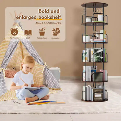 Libreria a torre rotante a 360° a 5 ripiani da 62", in MDF marrone noce e ferro, libreria girevole stretta