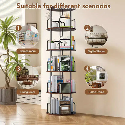 Libreria a torre rotante a 360° a 5 ripiani da 62", in MDF marrone noce e ferro, libreria girevole stretta