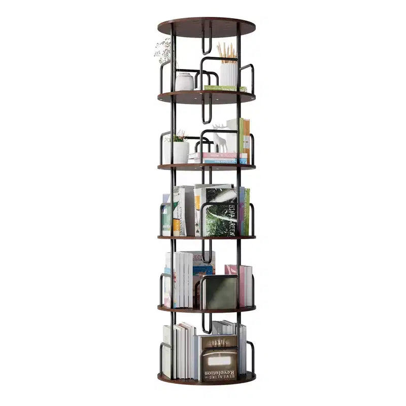 Libreria a torre rotante a 360° a 5 ripiani da 62", in MDF marrone noce e ferro, libreria girevole stretta