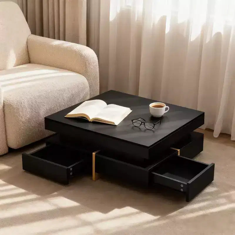Tavolino Moderno Quadrato Laccato Lucido con Design a Strati e Dettagli Dorati
