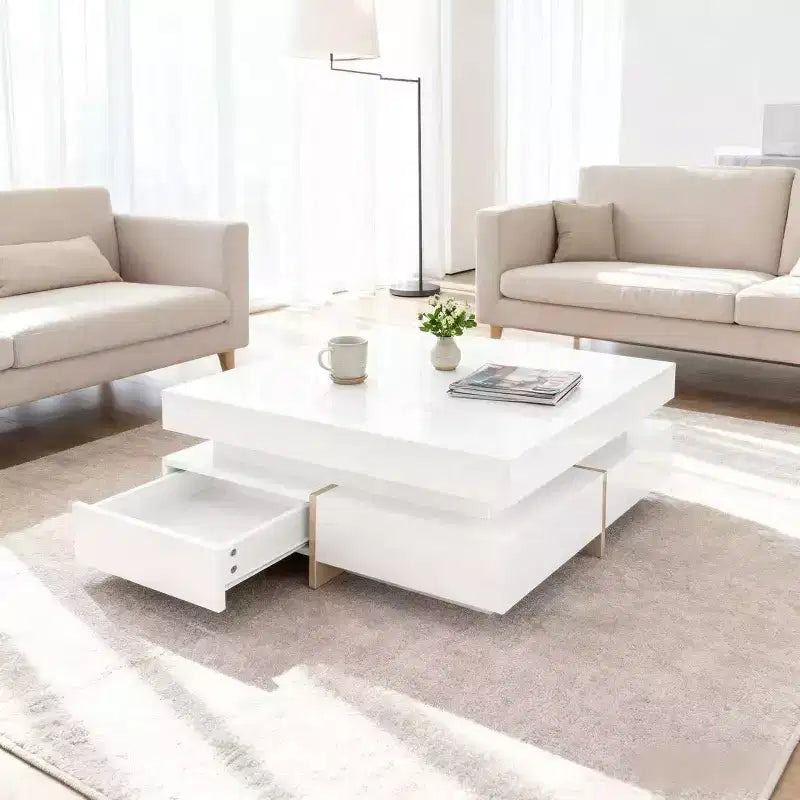 Tavolino Moderno Quadrato Laccato Lucido con Design a Strati e Dettagli Dorati
