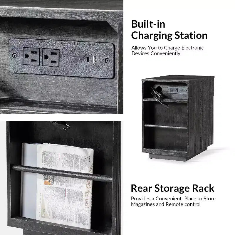 Comodino/Tavolino da 60 cm con 1 cassetto e prese di ricarica integrate, Tavolino laterale moderno