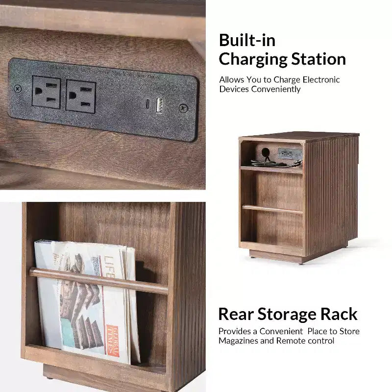 Comodino/Tavolino da 60 cm con 1 cassetto e prese di ricarica integrate, Tavolino laterale moderno