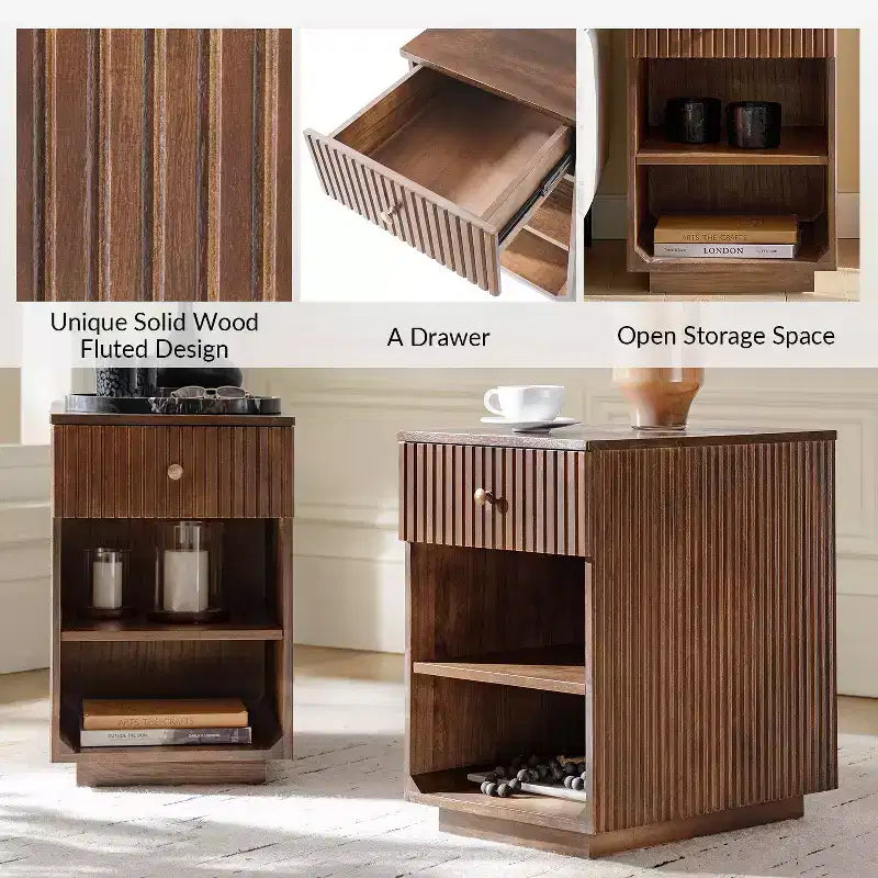 Comodino/Tavolino da 60 cm con 1 cassetto e prese di ricarica integrate, Tavolino laterale moderno
