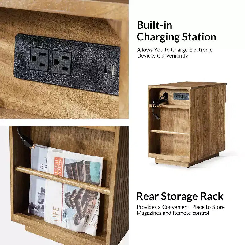 Comodino/Tavolino da 60 cm con 1 cassetto e prese di ricarica integrate, Tavolino laterale moderno