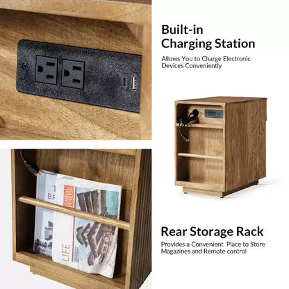 Comodino/Tavolino da 60 cm con 1 cassetto e prese di ricarica integrate, Tavolino laterale moderno