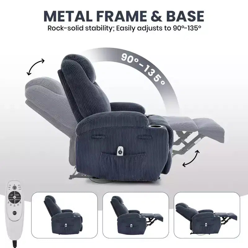 Poltrona Reclinabile Elettrica Regolabile con Inclinazione di 135°, Massaggio, Riscaldamento e Rivestimento in Velluto a Coste