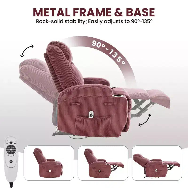 Poltrona Reclinabile Elettrica Regolabile con Inclinazione di 135°, Massaggio, Riscaldamento e Rivestimento in Velluto a Coste