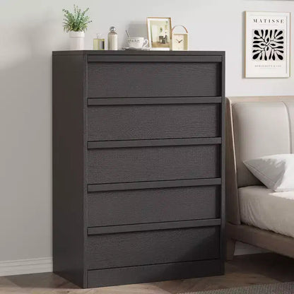 Black 5 Drawer Dresser for Bedroom, Modern 5 Chest of Drawers with Handle-free Design, 43in Tall Closet Organizer for Bedroom, Living Room, Nursery