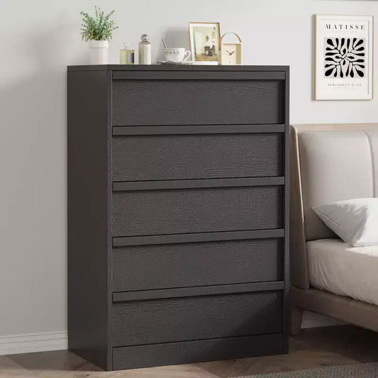 Black 5 Drawer Dresser for Bedroom, Modern 5 Chest of Drawers with Handle-free Design, 43in Tall Closet Organizer for Bedroom, Living Room, Nursery