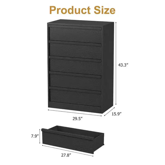 Cassettiera Nera a 5 Cassetti per Camera da Letto, Comò Moderno a 5 Cassetti con Design Senza Maniglie, Organizzatore per Armadio Alto 109 cm per Camera da Letto, Soggiorno, Cameretta