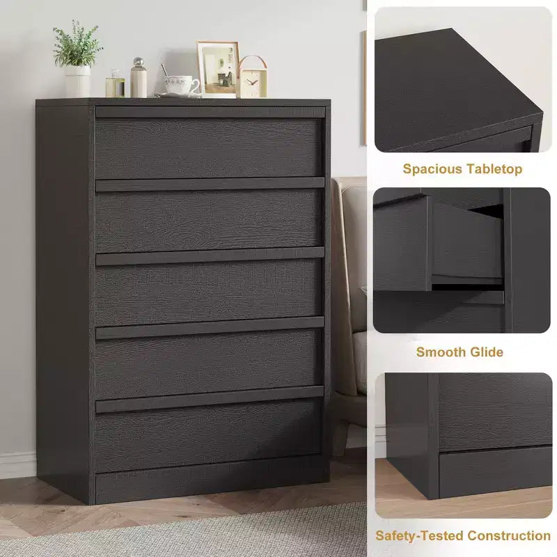 Cassettiera Nera a 5 Cassetti per Camera da Letto, Comò Moderno a 5 Cassetti con Design Senza Maniglie, Organizzatore per Armadio Alto 109 cm per Camera da Letto, Soggiorno, Cameretta