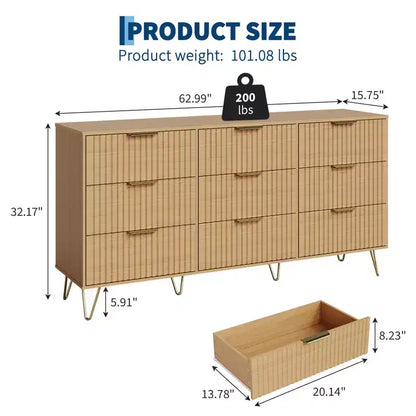 Cassettiera scanalata per camera da letto con 9 cassetti, comò moderno largo 63 pollici in legno con maniglia in metallo