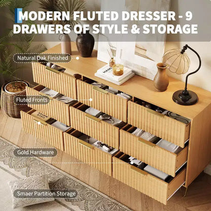 Cassettiera scanalata per camera da letto con 9 cassetti, comò moderno largo 63 pollici in legno con maniglia in metallo
