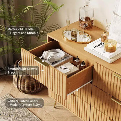 Cassettiera scanalata per camera da letto con 9 cassetti, comò moderno largo 63 pollici in legno con maniglia in metallo