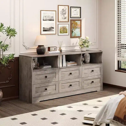 6-Drawer Slim Dresser, with Open Shelf for Bedroom Nursery & Closet, Antique Light