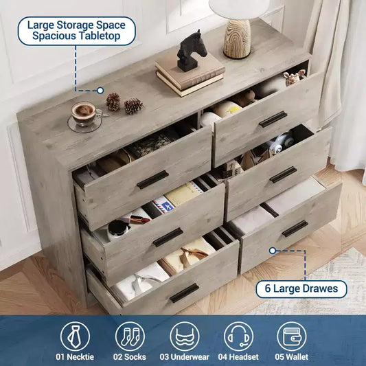 Comò per Camera da Letto, Comò in Legno a 6 Cassetti con Ampio Spazio Contenitivo, Organizzatore Versatile per Soggiorno Ingresso Ufficio