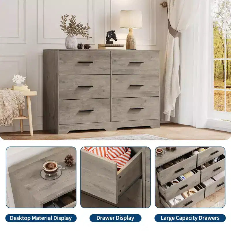 Comò per Camera da Letto, Comò in Legno a 6 Cassetti con Ampio Spazio Contenitivo, Organizzatore Versatile per Soggiorno Ingresso Ufficio