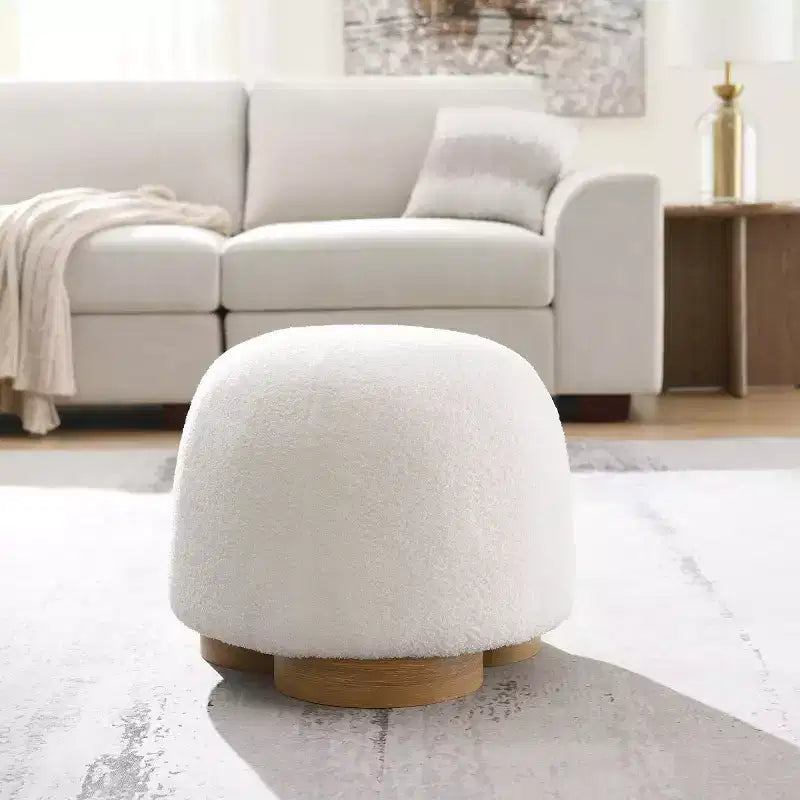 Moderno sgabello-ottoman con tessuto Teddy e seduta imbottita morbida per vanità