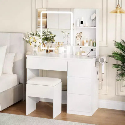 Scrivania da trucco con specchio LED, 4 cassetti e porte di ricarica integrate