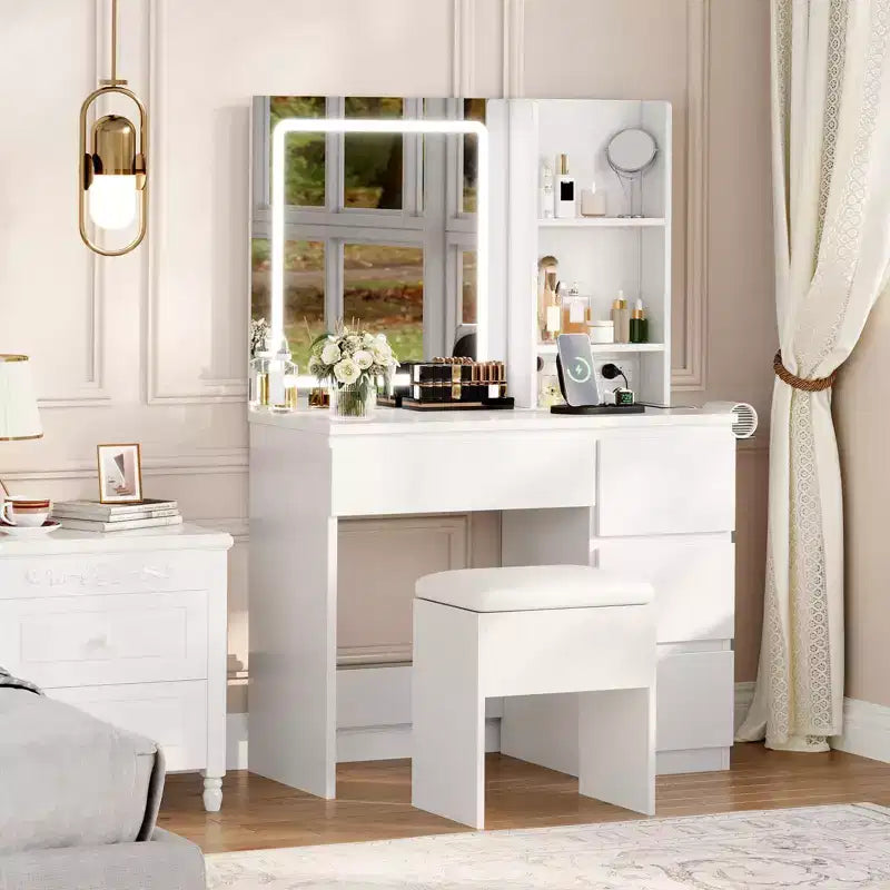 Scrivania da trucco con specchio LED, 4 cassetti e porte di ricarica integrate