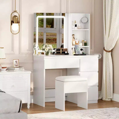 Scrivania da trucco con specchio LED, 4 cassetti e porte di ricarica integrate