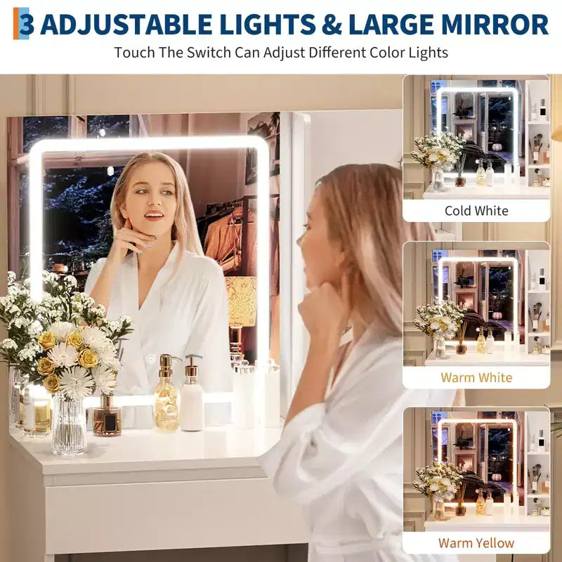 Scrivania da trucco con specchio LED, 4 cassetti e porte di ricarica integrate