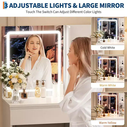 Scrivania da trucco con specchio LED, 4 cassetti e porte di ricarica integrate