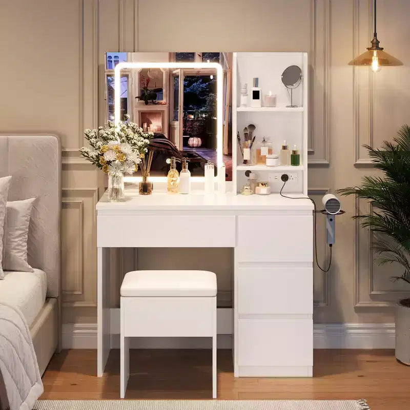 Scrivania da trucco con specchio LED, 4 cassetti e porte di ricarica integrate