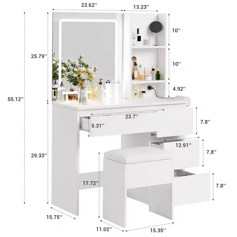 Scrivania da trucco con specchio LED, 4 cassetti e porte di ricarica integrate