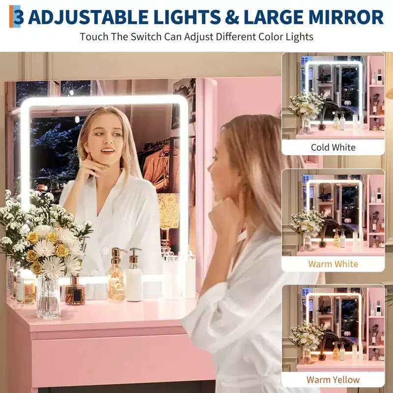 Scrivania da trucco con specchio LED, 4 cassetti e porte di ricarica integrate