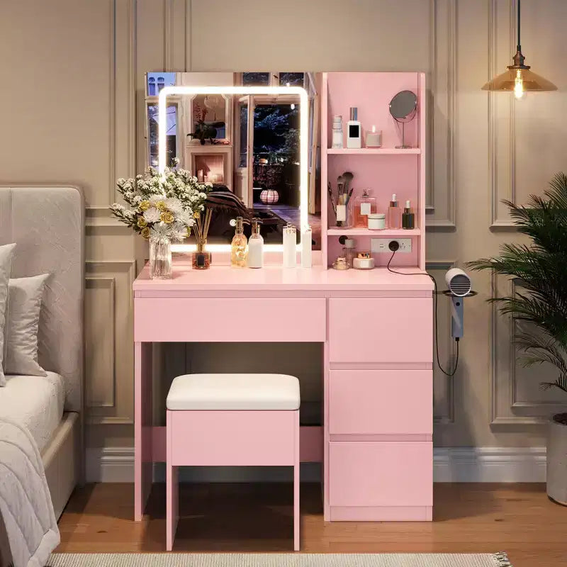 Scrivania da trucco con specchio LED, 4 cassetti e porte di ricarica integrate