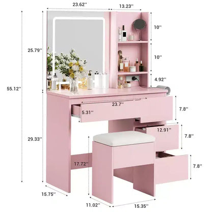Scrivania da trucco con specchio LED, 4 cassetti e porte di ricarica integrate